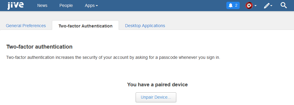 The Two-factor Authentication tab on the Preferences page