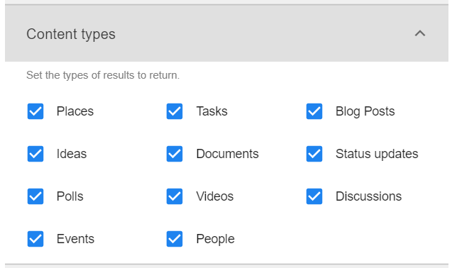 Advanced Search tile: Content types settings