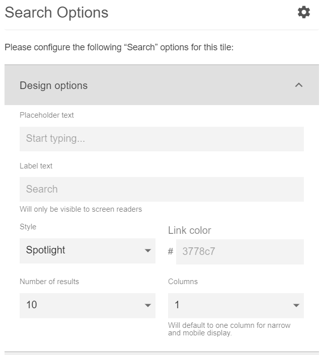 Advanced Search tile: Design Options settings