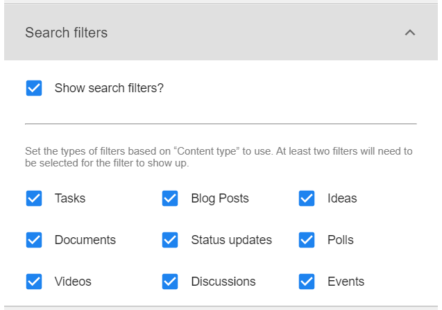 Advanced Search tile: Search filters settings