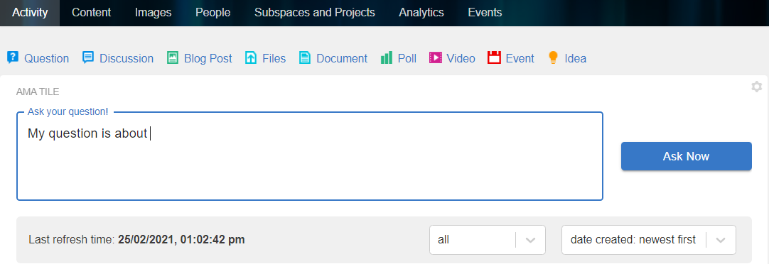An example of Ask Me Anything tile&#39;s user view