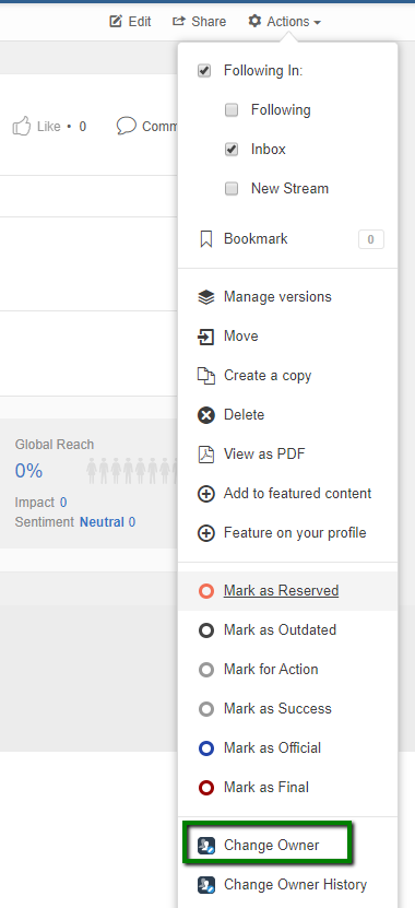 A screenshot of the Actions menu with the Change Owner action