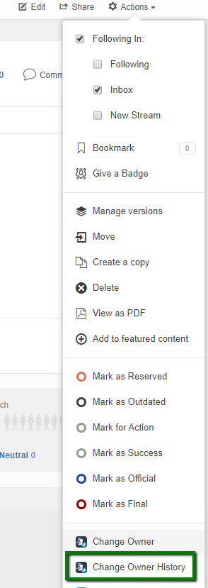 A screenshot of the Actions menu with the Change Owner History action