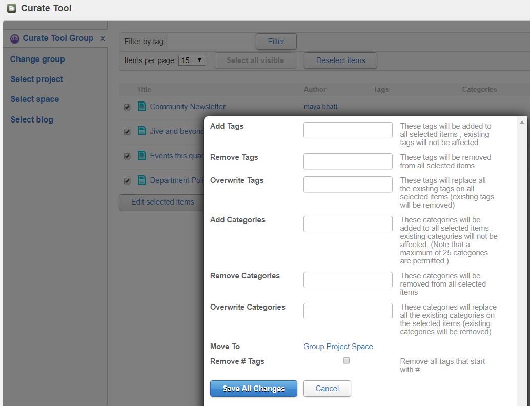 Selecting content items for en masse operations