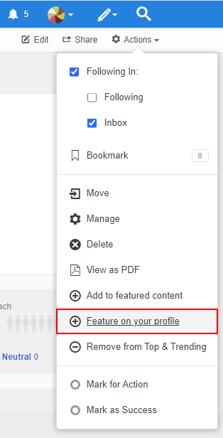 A screenshot of the Actions &gt; Feature on your profile command