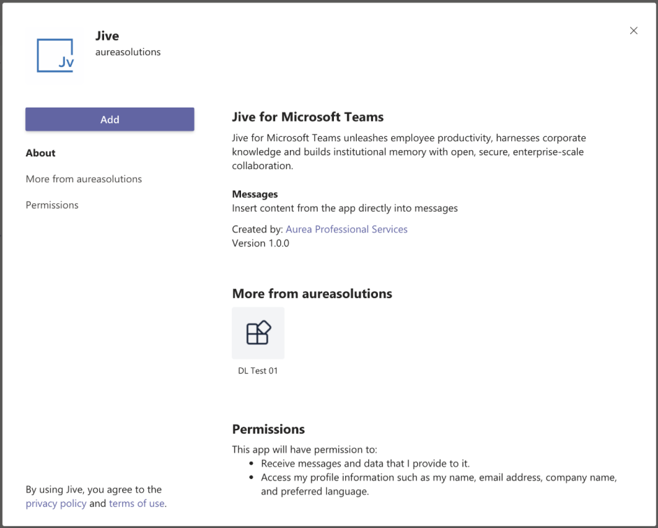 A screenshot of adding the Jive App for Microsoft Teams app to the user&#39;s app list