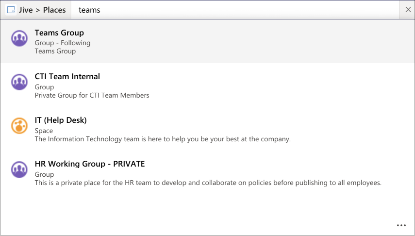 A screenshot example of searching Jive places from Microsoft Teams