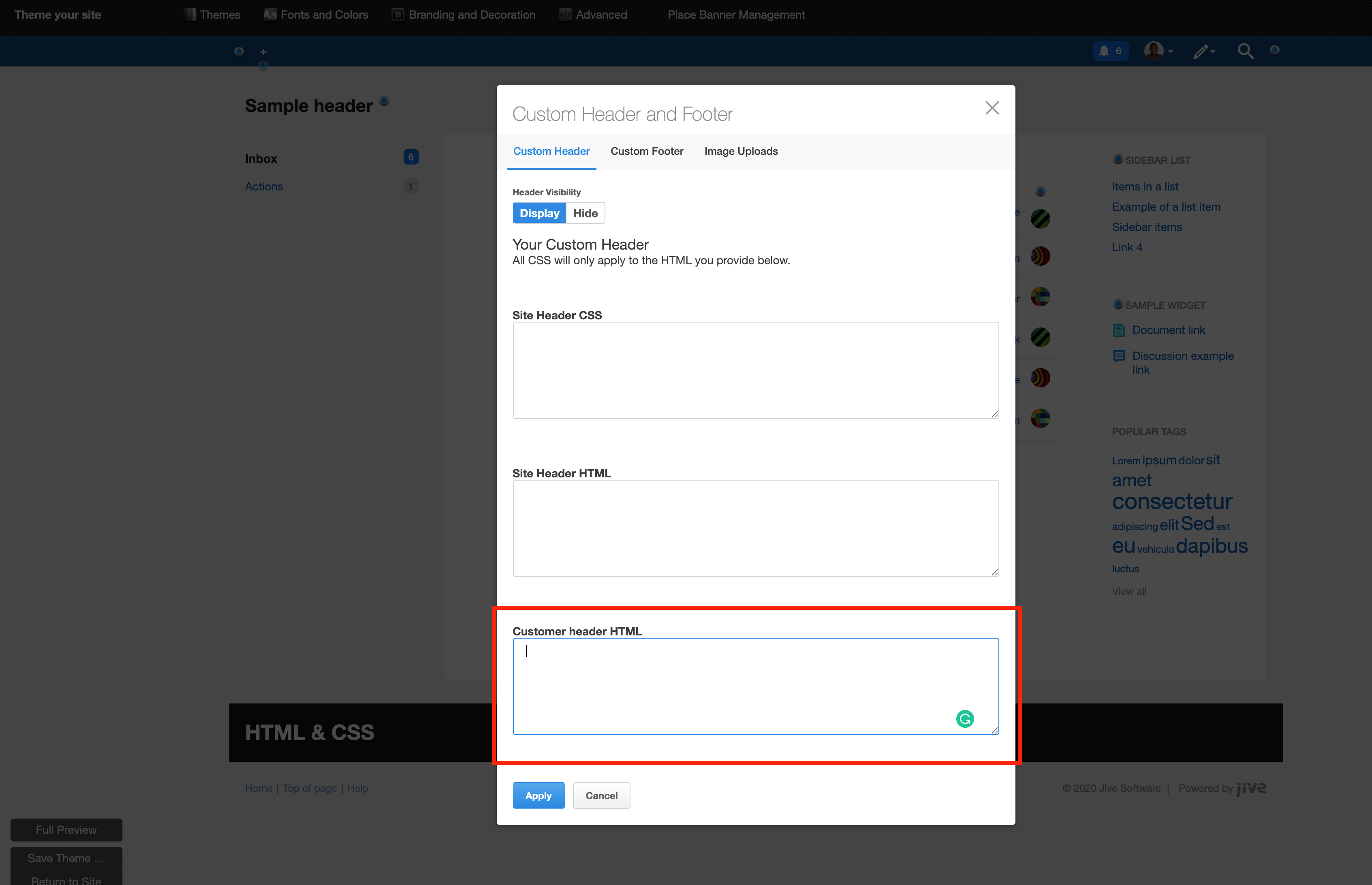 A screenshot of the Custom Header HTML options on the Theme page