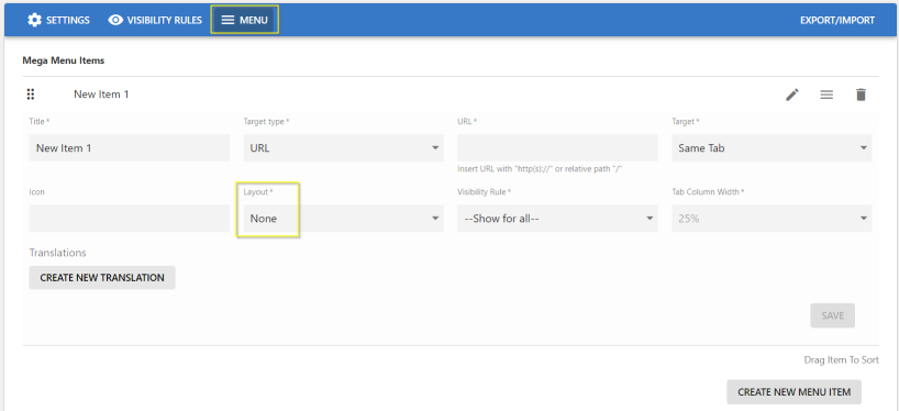 A screenshot of the Creating menus for the Dropdown menus - &quot;None&quot; Style screen
