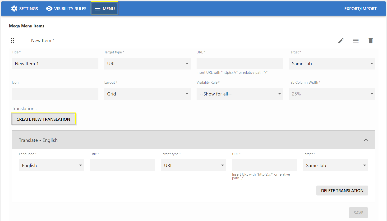 A screenshot of the Menu screen with the Create New Translation button highlighted
