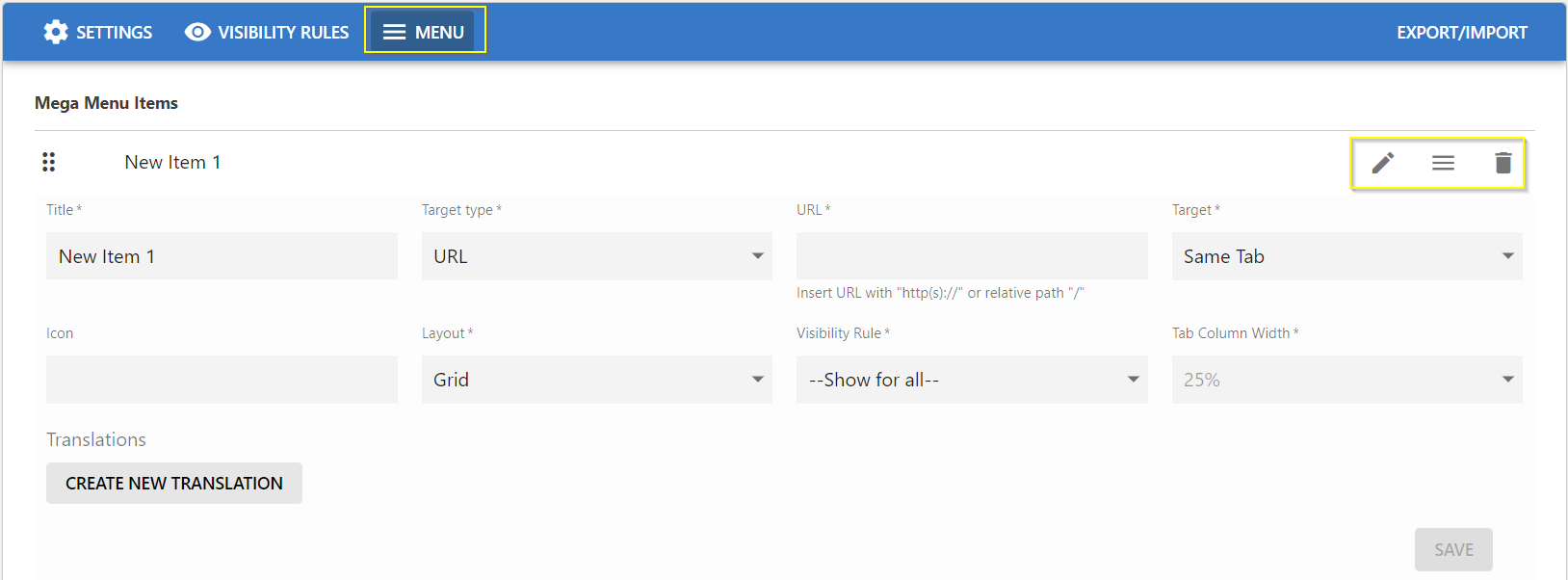 A screenshot of the Manage Menu Items screen