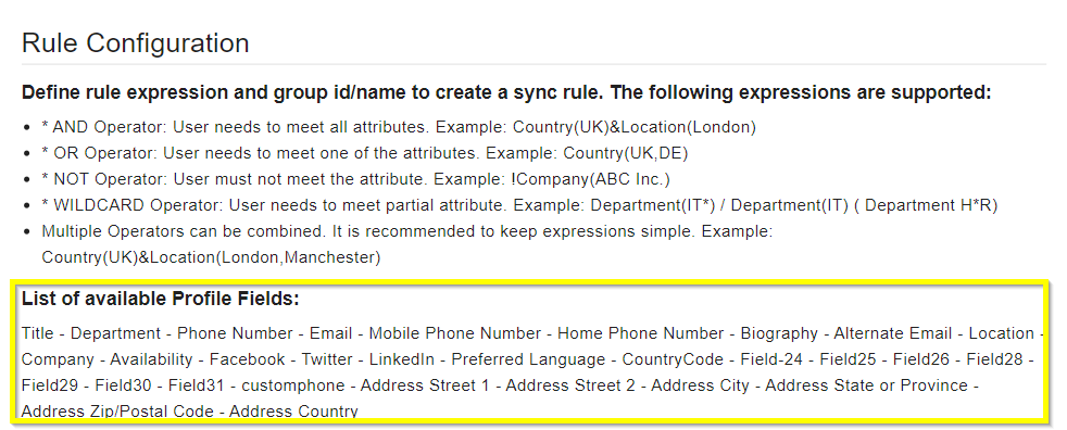 A screenshot of the List of available Profile Fields with the supported fields highlighted