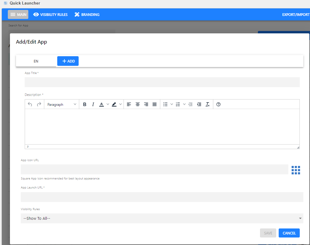 A screenshot of the Add/Edit App screen