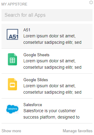 A Apps Viewer tile in List layout with 4 Items per page, view 1