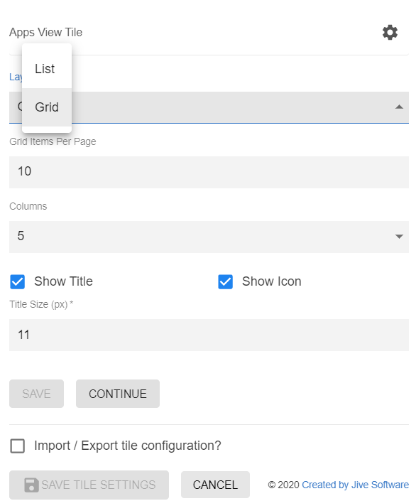 Apps Viewer tile: tile-specific settings with the List or Grid selection highlighted