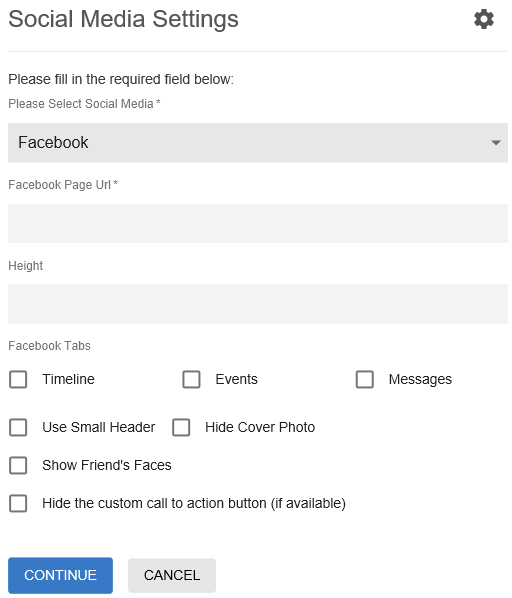 Social Media tile: Specifying Facebook settings