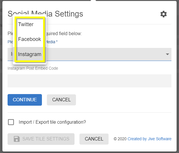 Social Media tile: Selecting media