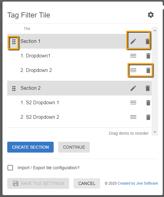 Content Filter tile: Managing sections and dropdowns