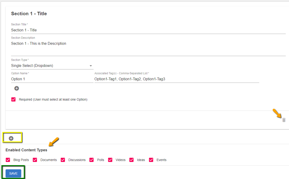 A screenshot of options available for a section