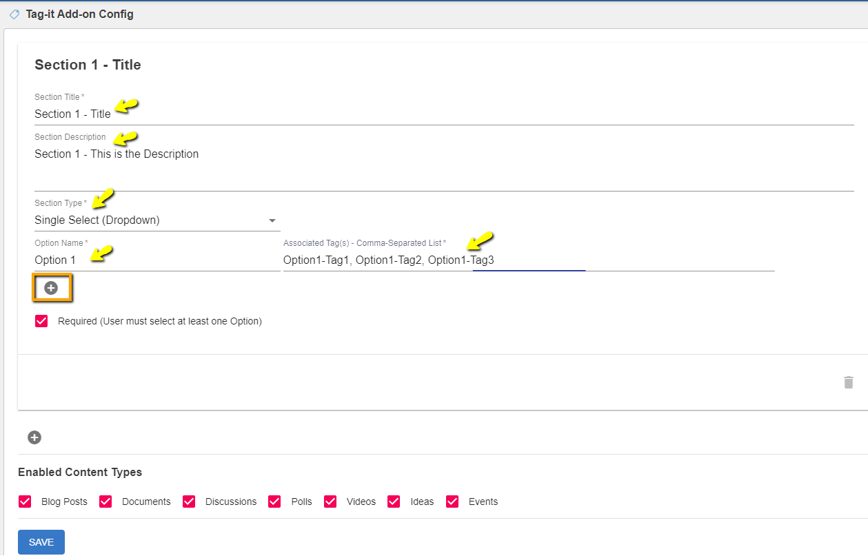 A screenshot of section configuration options