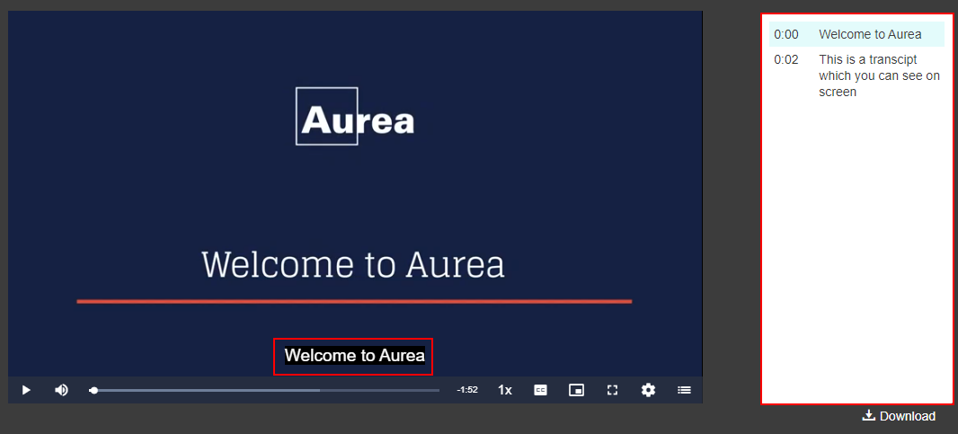 A screenshot of a played video with captions and transcript turned on