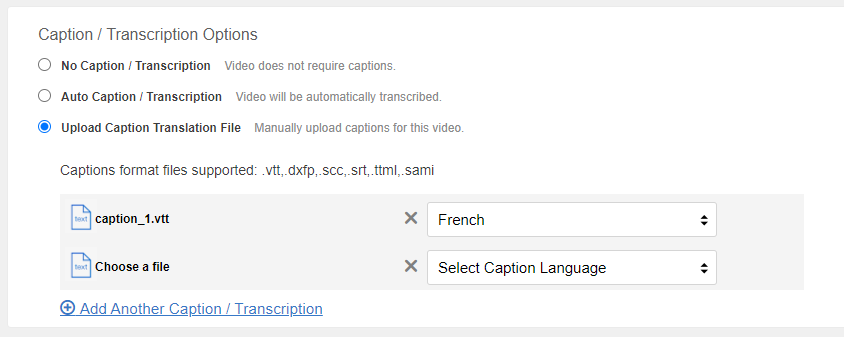 A screenshot with the Upload Caption / Transcription File option selected
